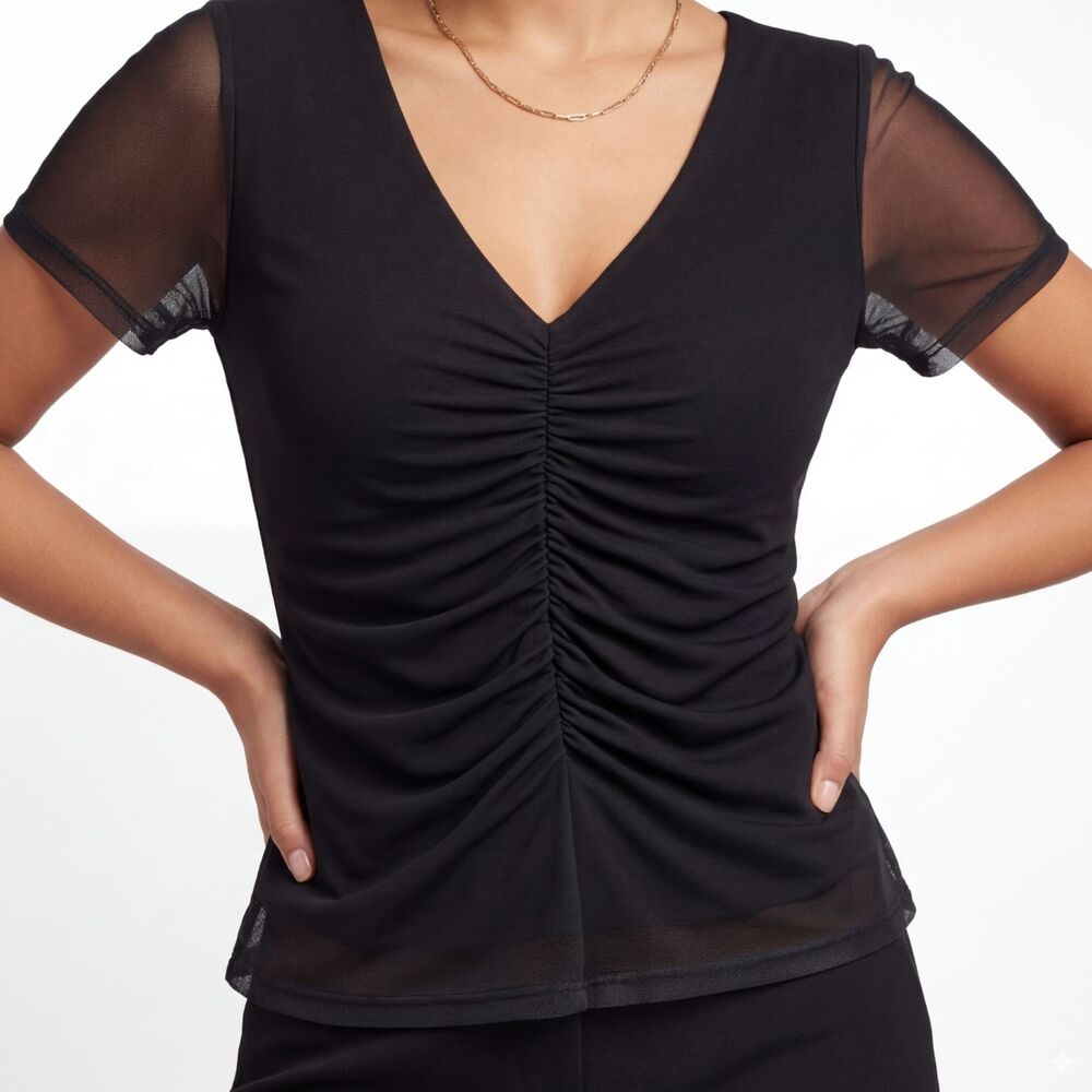 Ronen Chen Black Mesh Ruched V-Neck Short Sleeve Top Size 2 Made in Israel
